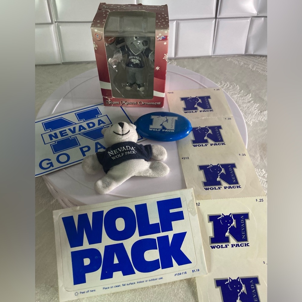 Lot Of Nevada Wolfpack Vintage Fan Memorabilia Ornament Magnet Postcard Stickers